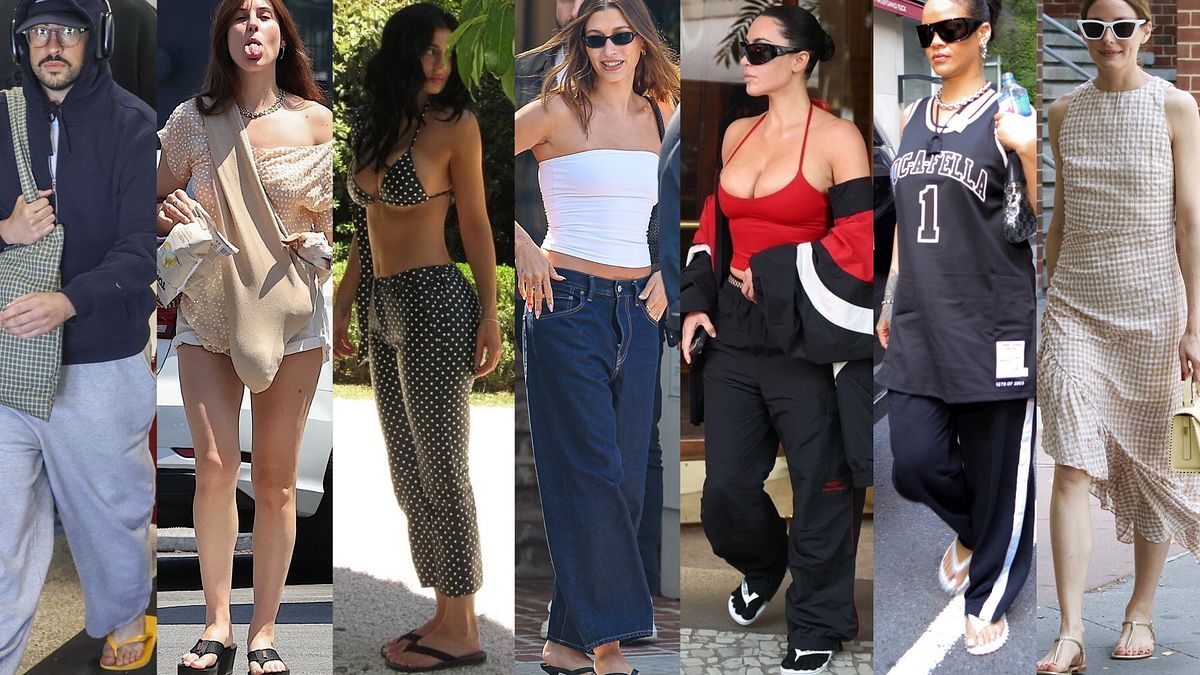 Infradito con tacco, flat, con la zeppa: Bad Bunny, Scout LaRue Willis, Kylie Jenner, Hailey Bieber, Kim Kardashian, Rihanna, Olivia Palermo © IPA