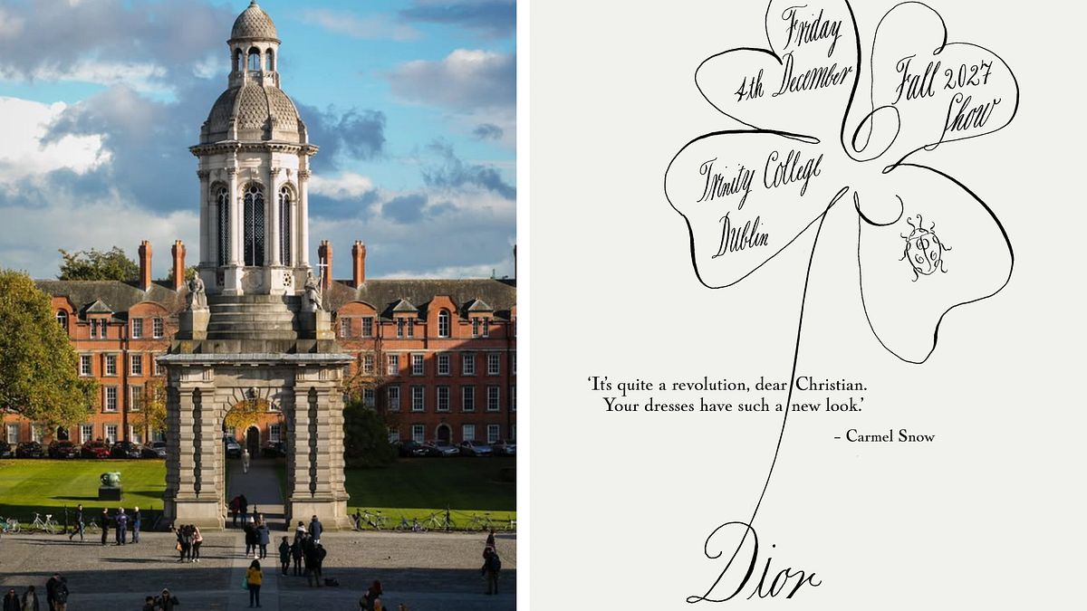 Una veduta del Trinity College di Dublino (Instagram, @trinitycollegedublin) | Dior Fall 2027 show in Dublin (courtesy of Dior) © Instagram/Ufficio stampa