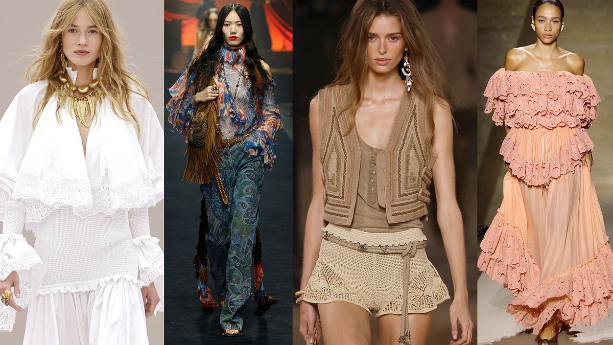 Lo stile hippie tra i trend della moda estate 2026: da sinistra, un look di Zimmermann, Etro, Isabel Marant e Chloé © Catwalk Pictures