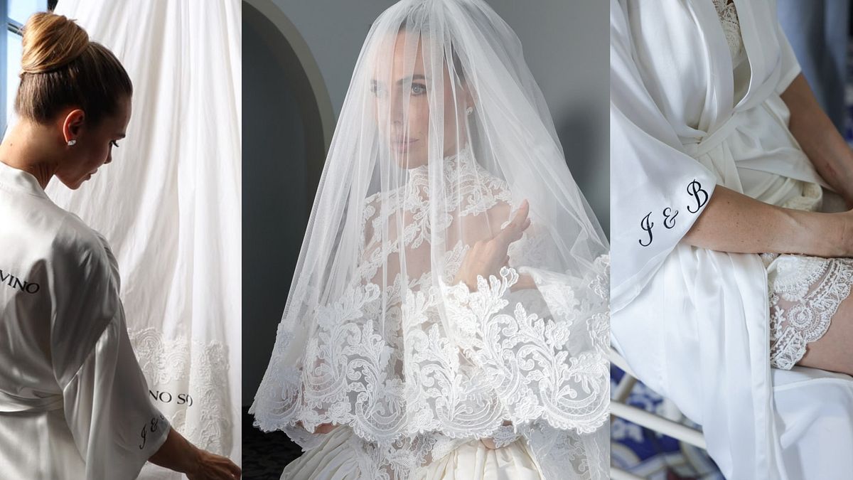Ilary Blasi nelle fasi di preparazione e con il primo dei suoi tre abiti da sposa per le nozze con Bastian Muller (courtesy of Ermanno Scervino) © Ufficio stampa