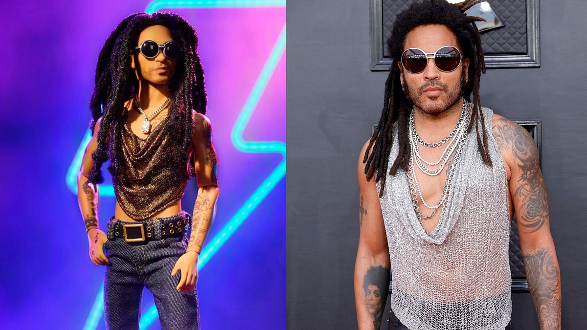 Ken in versione Lenny Kravitz e l'artista in uno dei suoi look iconici che hanno fatto da ispirazione © Ufficio stampa/Afp