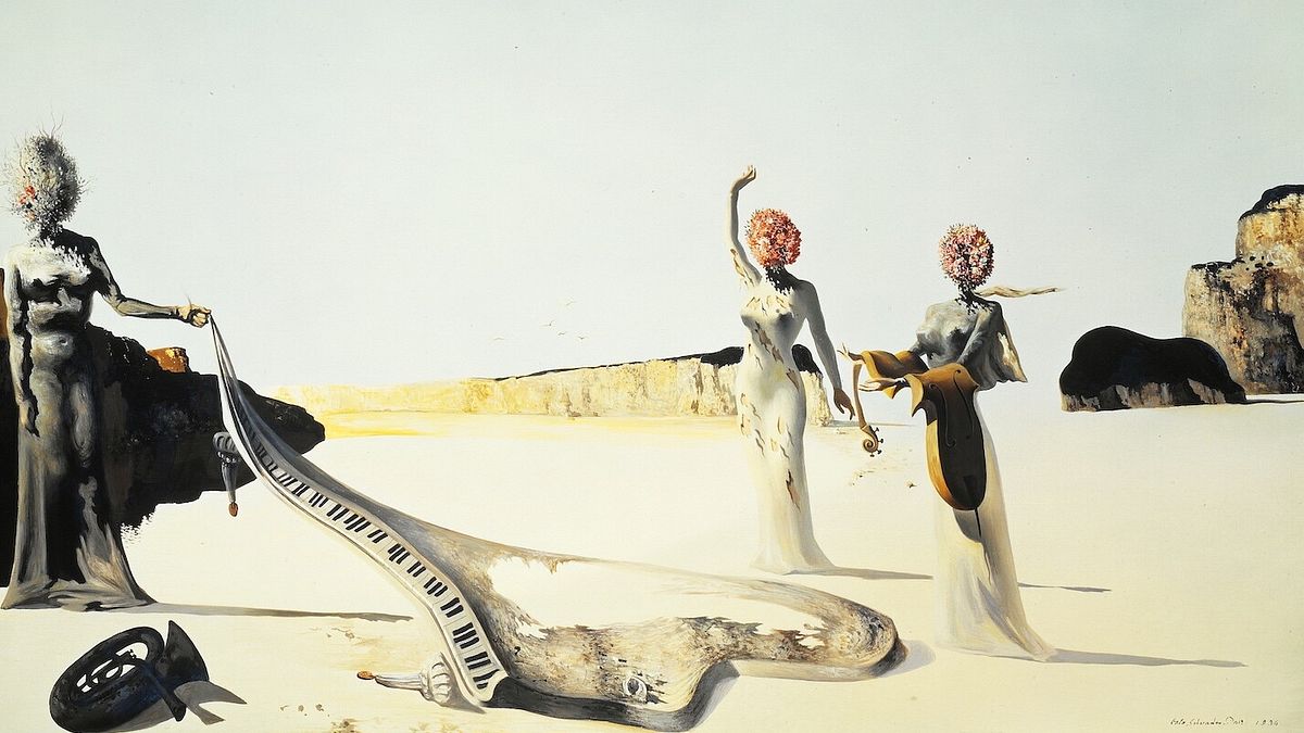 Immagine guida-Salvador Dalí, Three young surrealist women holding in their arms the skins of an orchestra, 1936, Oil on canvas, Collection of The Dalí Museum, St. Petersburg, FL (USA); Gift of A. Reynolds & Eleanor Morse, 2000.24 Photo © Oriol Tarridas, 2024 © Salvador Dalí, Fundació Gala-Salvador Dalí, Figueres, 2026 © Ufficio stampa