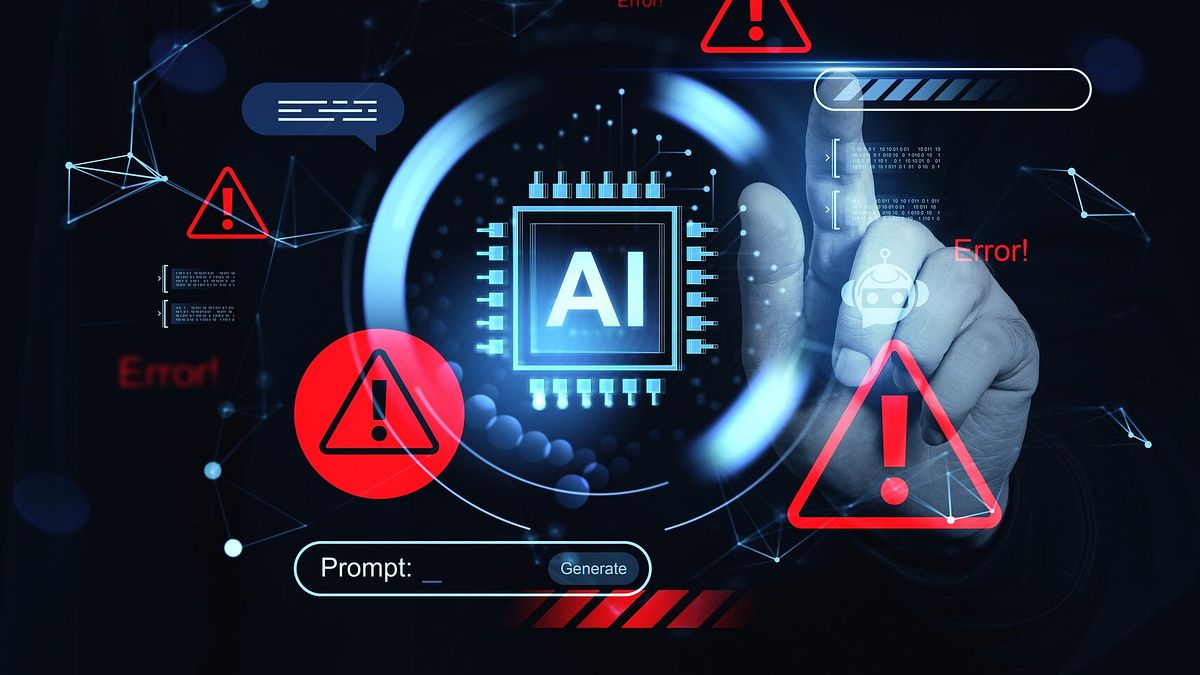 AI system warning interface with error alerts and cybersecurity concept on digital futuristic screen being accessed by human hand in dark background. 