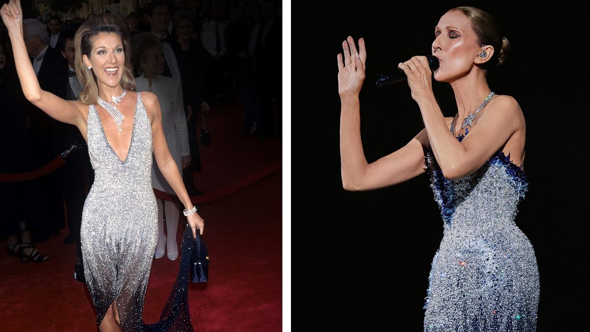 Céline Dion in Chanel Haute Couture primavera estate 1997 e Haute Joaillerie sul red carpet degli Oscar - 69esima edizione degli Academy Awards (copyright Chanel) e l'artista in Chanel Haute Couture e Haute Joaillerie per l'ultimo dei suoi concerti a Parigi (copyright Chanel, photograph by Nicolas Gerardin)   © Ufficio stampa