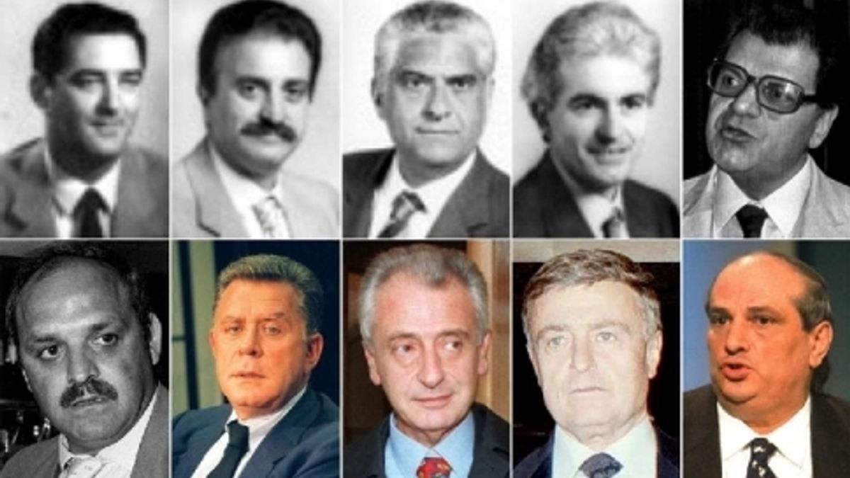 
      In alto, da sinistra, Gianmario Pellizzari, Raffaele Mastrantuono, Robinio Costi, Gian Stefano Milani e Pietro Longo. In basso Massimo Abbatangelo, Giulio Di Donato, Francesco De Lorenzo, Massimo De Carolis e Giancarlo Cito.
    © ansa