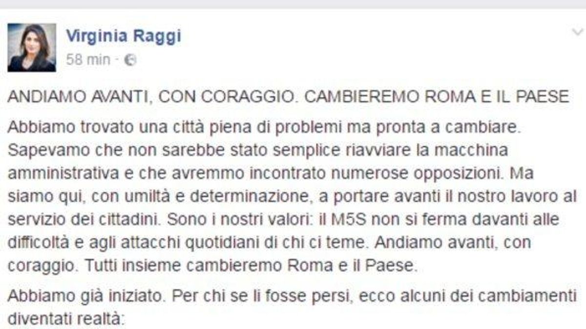 Il messaggio postato da Virginia Raggi © Facebook