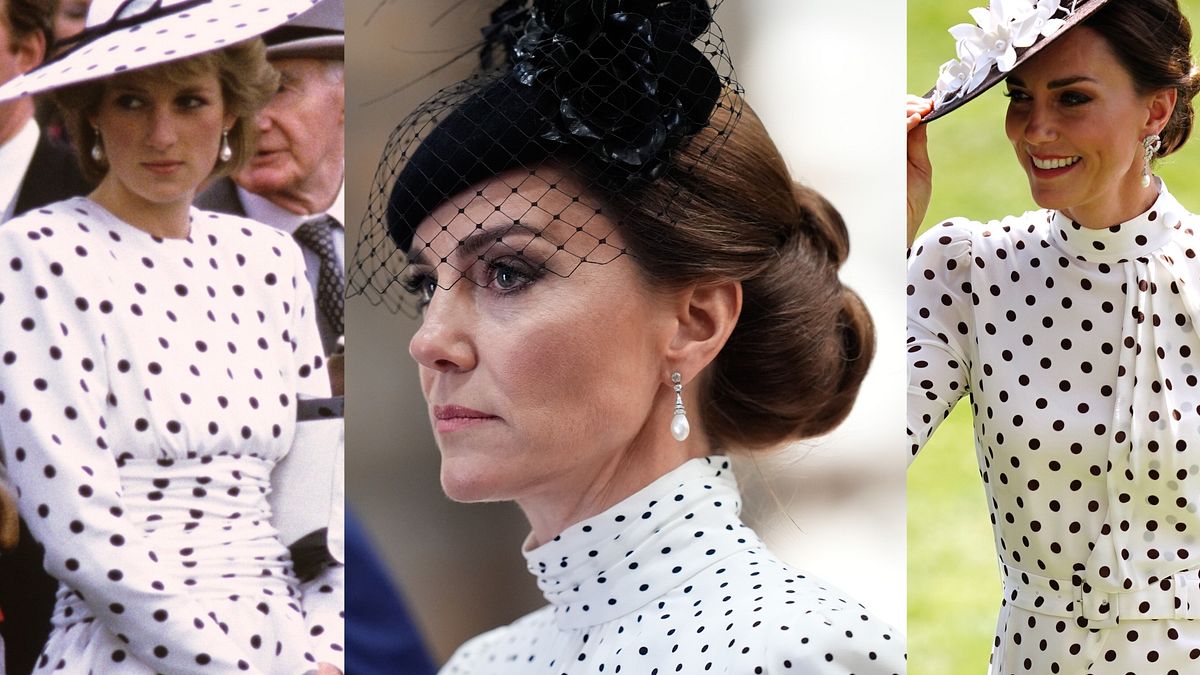 Lady Diana in una foto d'archivio, Kate Middleton per l'80esimo anniversario del VE Day e al Royal Ascot 2022 © IPA