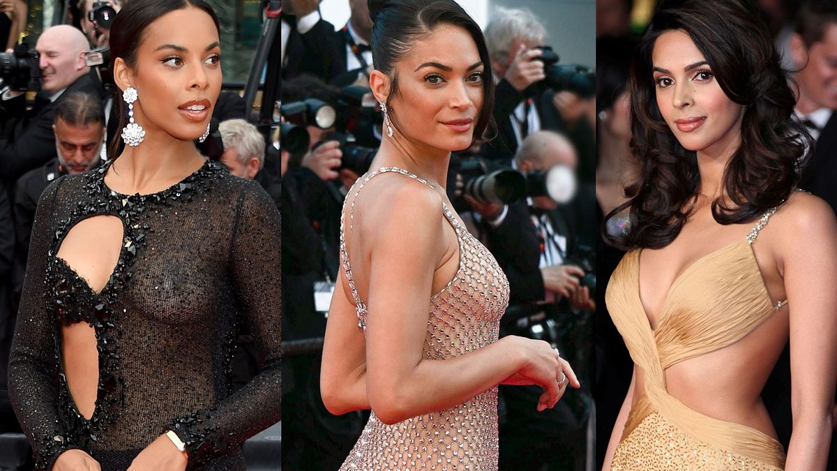 I nude look sul red carpet di Rochelle Humes a Cannes 75, Elodie a Cannes 77 e Malika Sherawat a Cannes 63 © IPA