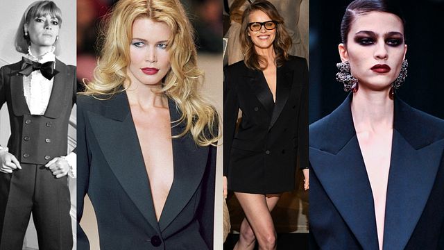 © Afp/Afp/IPA/Afp | Il primo smoking da donna ideato da Yves Saint Laurent nel 1966, Claudia Schiffer in passerella per YSL nel 1996, Eva Herzigova ospite della sfilata Saint Laurent FW26-27 e una modella in passerella con un look di Anthony Vaccarello