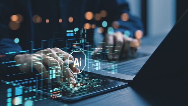  | Humans are using laptops and computers to interact with AI, helping them create, code, train AI, or analyze big data with fast, cutting-edge  technology.