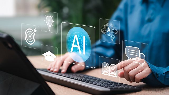  | AI Technology Learning Concept, Businesswoman Developing Skills with Artificial Intelligence, Digital Transformation, Knowledge Growth, Smart Training, Future Innovation, Human and AI Collaboration