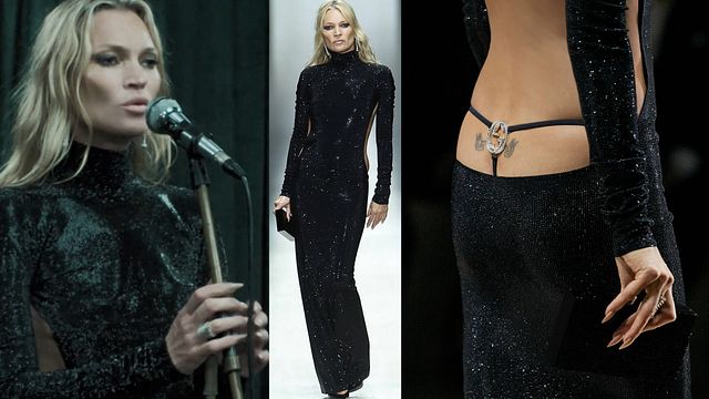 © Ufficio stampa | Kate Moss per Gucci Primavera by Demna: un fotogramma del video della nuova campagna e la super top nello stesso look in passerella durante la sfilata di presentazione della collezione (courtesy of Gucci)