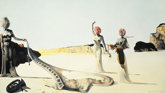 © Ufficio stampa | Immagine guida-Salvador Dalí, Three young surrealist women holding in their arms the skins of an orchestra, 1936, Oil on canvas, Collection of The Dalí Museum, St. Petersburg, FL (USA); Gift of A. Reynolds & Eleanor Morse, 2000.24 Photo © Oriol Tarridas, 2024 © Salvador Dalí, Fundació Gala-Salvador Dalí, Figueres, 2026