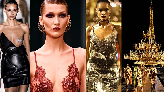 © Catwalk Pictures/Afp/Catwalk Pictures/IPA | Saint Laurent by Anthony Vaccarello: un look dalla sua prima sfilata per la maison, per la primavera estate 2017, Bella Hadid per l'autunno inverno 2026, una creazione primavera estate 2027 e il finale dell'ultima sfilata a Parigi con la Tour Eiffel sullo fondo