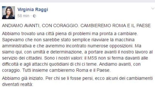© Facebook | Il messaggio postato da Virginia Raggi