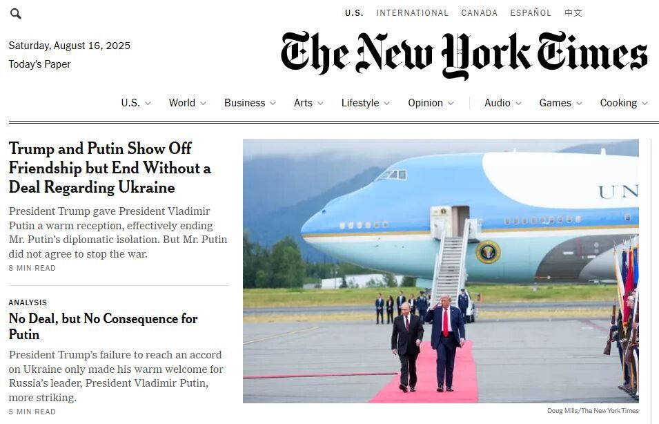 © Sito ufficiale  | L'apertura del "New York Times" punge la vetrina del summit in Alaska: "Trump e Putin ostentano amicizia, ma senza un accordo sull'Ucraina"