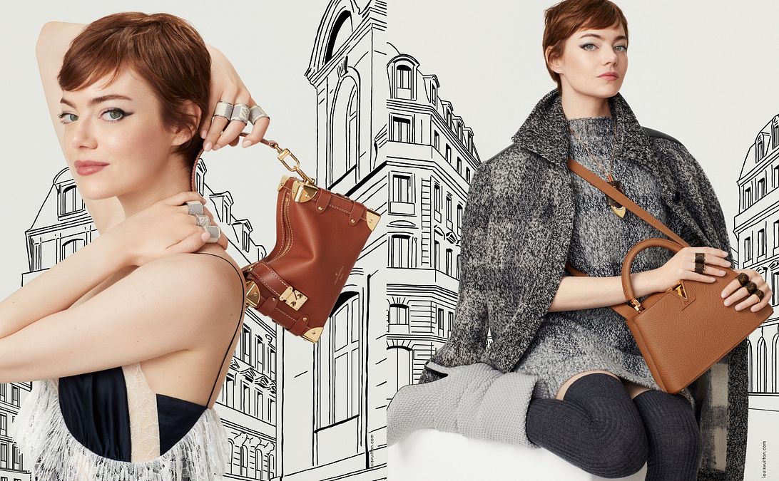 © Ufficio stampa  | 	Alcune delle borse più iconiche di Louis Vuitton nella nuova campagna autunno inverno 2025 con Emma Stone, ambassador della maison (credit: Ethan James Green)
