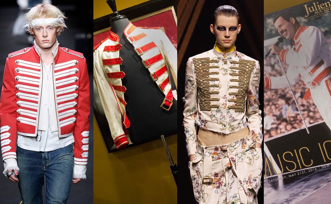 © Catwalk Pictures/Afp/Catwalk Pictures/Afp  | La Napoleon Jacket: due modelli proposti in passerella da Ann Demeulemeester SS26 e Alexander McQueen SS26 tra la "Rock Soldier" di Freddie Mercury