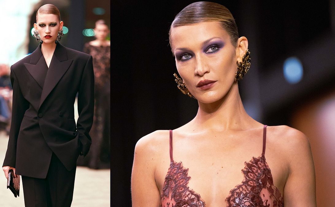 © IPA  | Saint Laurent collezione donna autunno inverno 2026-2027: uno degli smoking in passerella e la super top Bella Hadid