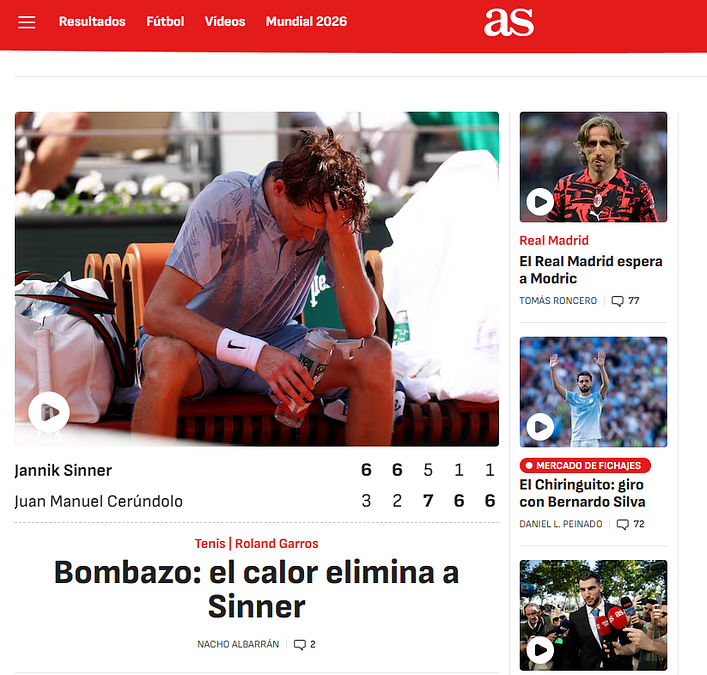 © Foto da web  | As (Spagna): "Notizia bomba, il caldo elimina Sinner"