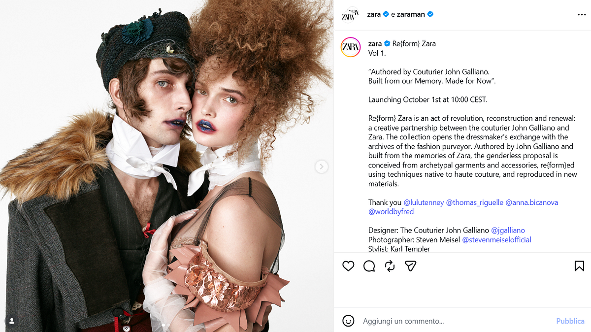 © Instagram  | “Re{form} Zara, creata dallo stilista John Galliano. Nata dalla nostra memoria, pensata per il presente" - La prima collezione di John Galliano per Zara (credit: Zara - @zara, photographer: Steven Meisel - @stevenmeiselofficial)