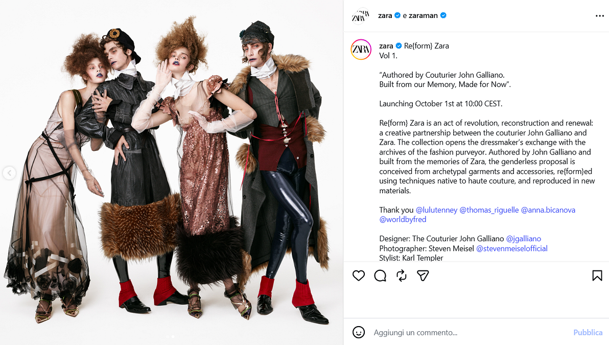 © Instagram  | “Re{form} Zara Vol.1, creata dallo stilista John Galliano. Nata dalla nostra memoria, pensata per il presente" - La prima collezione di John Galliano per Zara (credit: Zara - @zara, photographer: Steven Meisel - @stevenmeiselofficial)