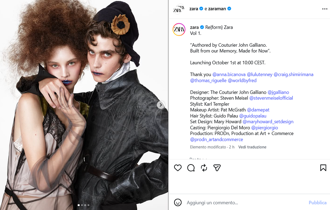 © Instagram  | “Re{form} Zara, creata dallo stilista John Galliano. Nata dalla nostra memoria, pensata per il presente" - La prima collezione di John Galliano per Zara (credit: Zara - @zara, photographer: Steven Meisel - @stevenmeiselofficial)