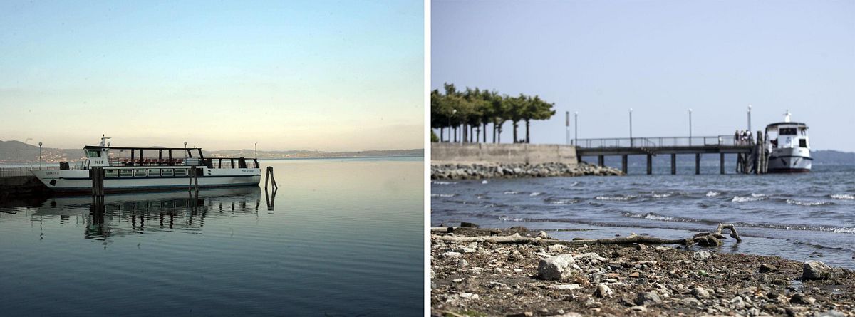 © ansa  | Una combo di immagini del lago di Bracciano: a sinistra il livello dell'acqua normale, a destra quello notevolmente più basso di questi giorni a causa della siccità.