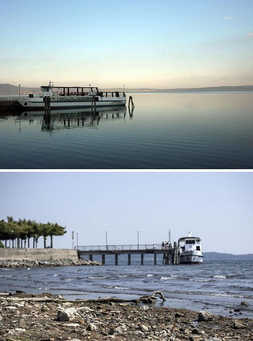 © ansa  | Una combo di immagini del lago di Bracciano: a sinistra il livello dell'acqua normale, a destra quello notevolmente più basso di questi giorni a causa della siccità.