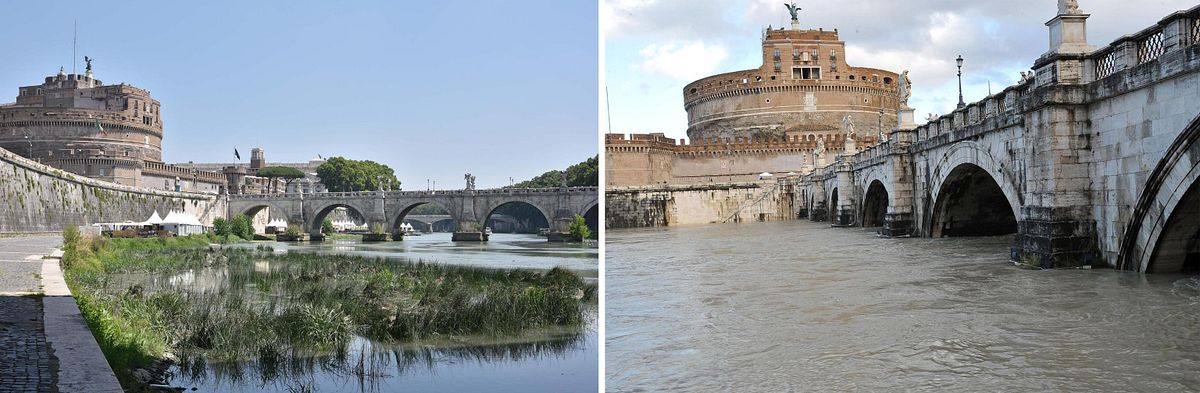 © ansa  | Una combo di immagini del lago di Bracciano: a sinistra il livello dell'acqua normale, a destra quello notevolmente più basso di questi giorni a causa della siccità.