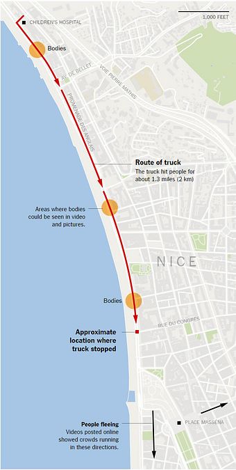 © -afp  | La folle corsa sulla Promenade des Anglais viene fermata grazie all'intervento di un uomo e due poliziotti che riescono a sparare all'uomo alla guida del Tir
