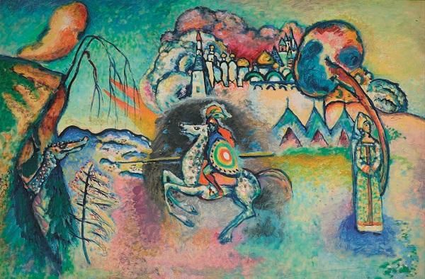 © ufficio-stampa  | Vasilij Kandinskij
Il cavaliere (San Giorgio), 1914-15
Olio su cartoncino, cm 61 x 91,
Mosca, Galleria Tret’jakov
© State Tretyakov Gallery, Moscow
