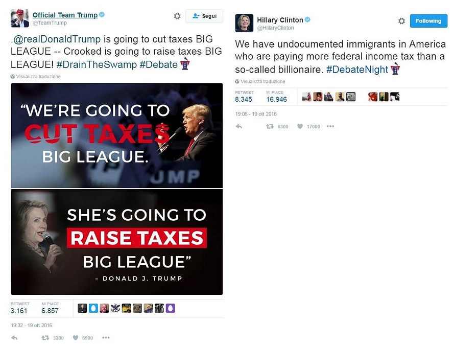 © twitter  | Tasse - Trump dichiara di voler tagliare le tasse ai leader economici mentre Clinton le vuole aumentare. La candidata democratica ribatte:"In America ci sono 16 milioni di immigrati senza documenti che pagano più tasse federali di un certo milionario".