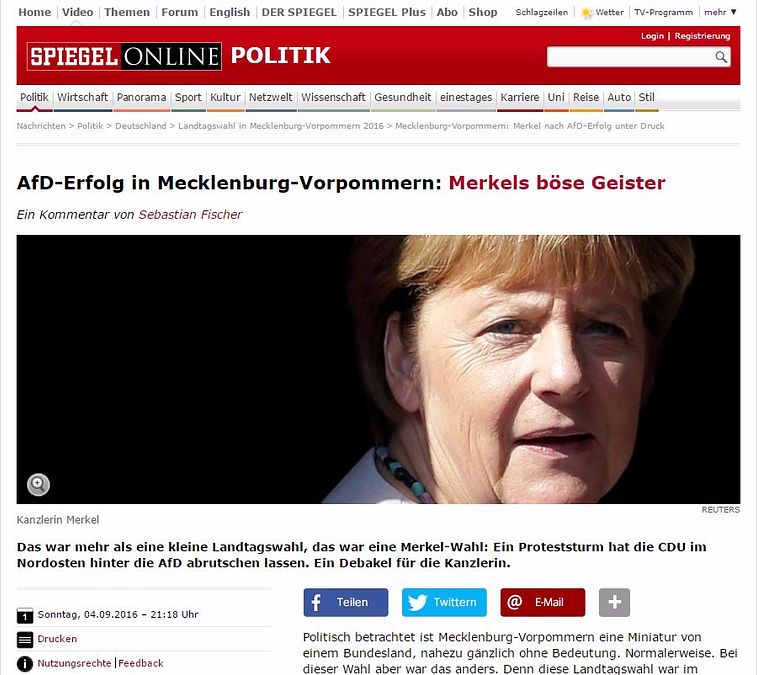 © ansa  | Ampio rilievo sui giornali tedeschi e spazio anche su quelli inglesi e americani alla sconfitta del partito di Angela Merkel nel Meclemburgo-Cispomerania, dove la ddu è arrivata terza, dopo socialdemocratici e destra populista. Ecco alcuni titoli dopo la debacle della cancelliera