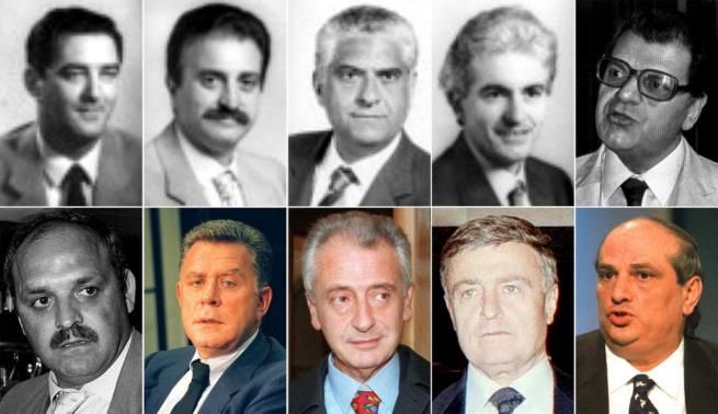 © ansa  | 
      In alto, da sinistra, Gianmario Pellizzari, Raffaele Mastrantuono, Robinio Costi, Gian Stefano Milani e Pietro Longo. In basso Massimo Abbatangelo, Giulio Di Donato, Francesco De Lorenzo, Massimo De Carolis e Giancarlo Cito.
   