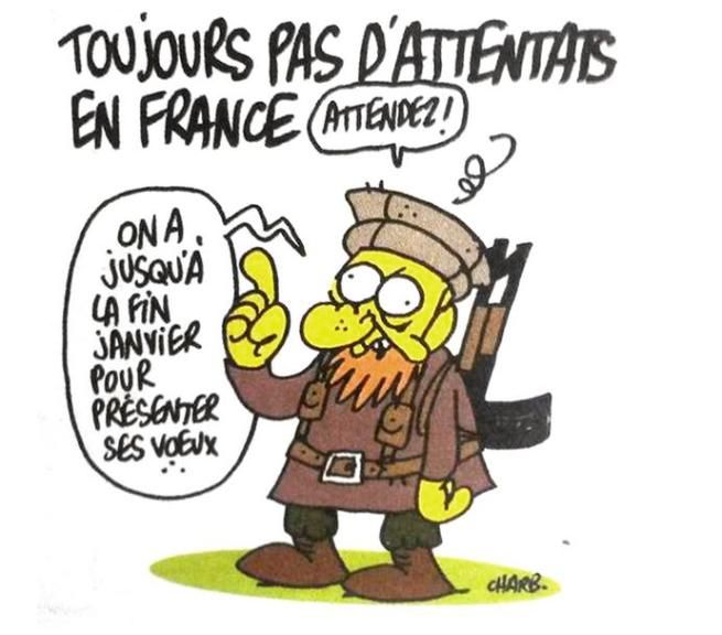 © twitter  | La vignetta "premonitrice" pubblicata da Charlie Hebdo pochi giorni prima della strage