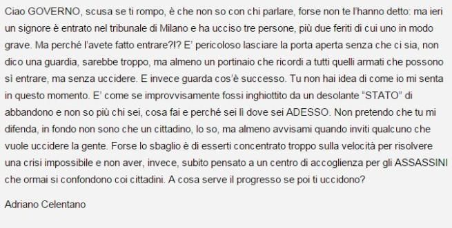 © Ansa  | La riflessione di Celentano pubblicata sul suo blog