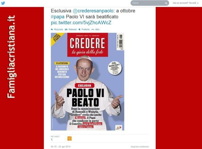 © twitter  | La copertina di Credere con l'annuncio della beatificazione di Paolo VI, pubblicata su Twitter.