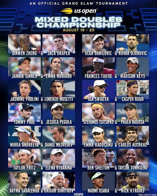 © instagram Us Open  | Sono state annunciate le coppie del doppio misto che prenderanno parte allo US Open 2025. Tanti i big presenti, tra cui Jannik Sinner, Carlos Alcaraz e Novak Djokovic. Ci sono anche due coppie formate interamente da italiani: Errani-Vavassori e Paolini-Musetti
