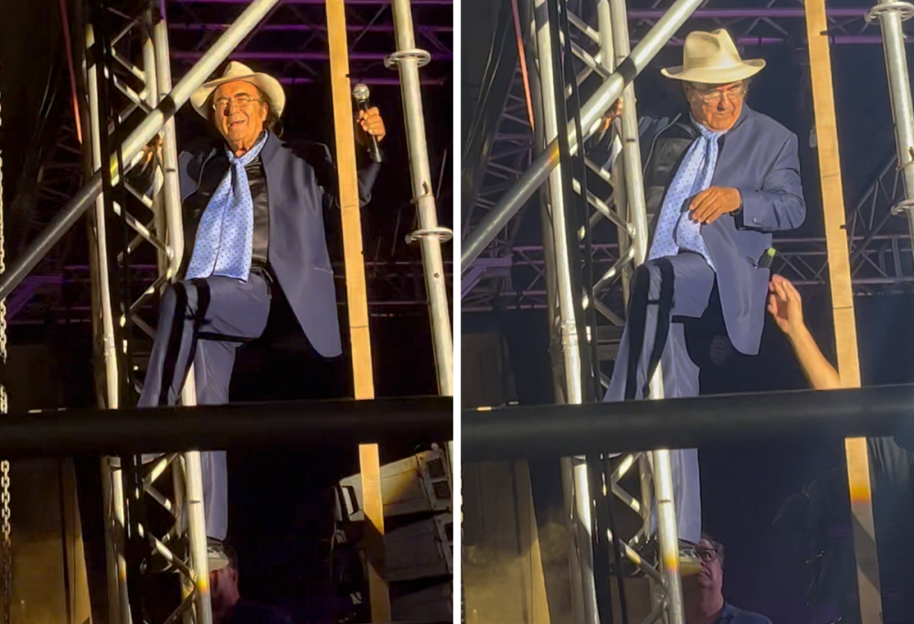 Al Bano, show spericolato: si arrampica sul traliccio mentre canta