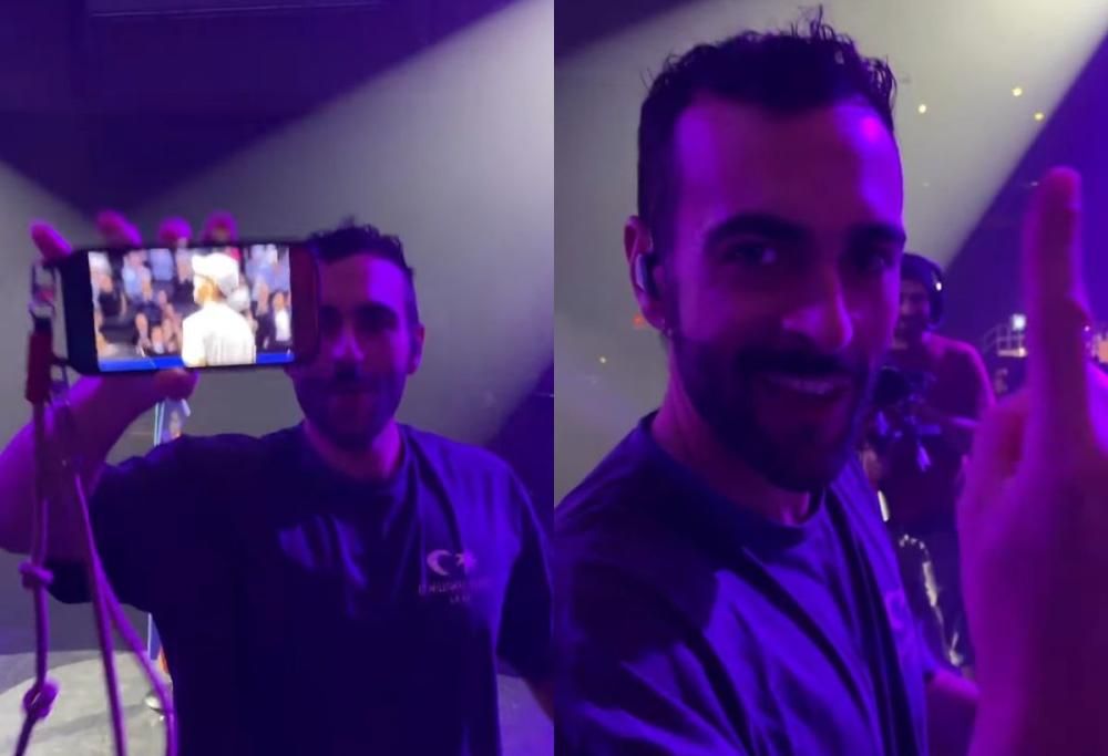 Marco Mengoni ferma il soundcheck per guardare il matchpoint di Sinner