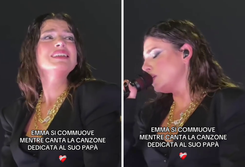 Emma in lacrime sul palco cantando il brano per il padre: il video