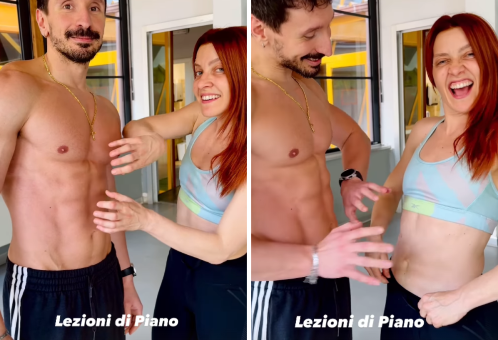 Noemi si allena per il tour “accordando” gli addominali del trainer