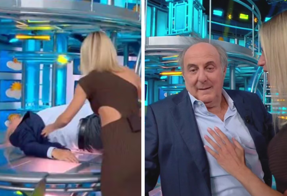 Gerry Scotti cade dalle scale a Striscia la Notizia: la gag è virale