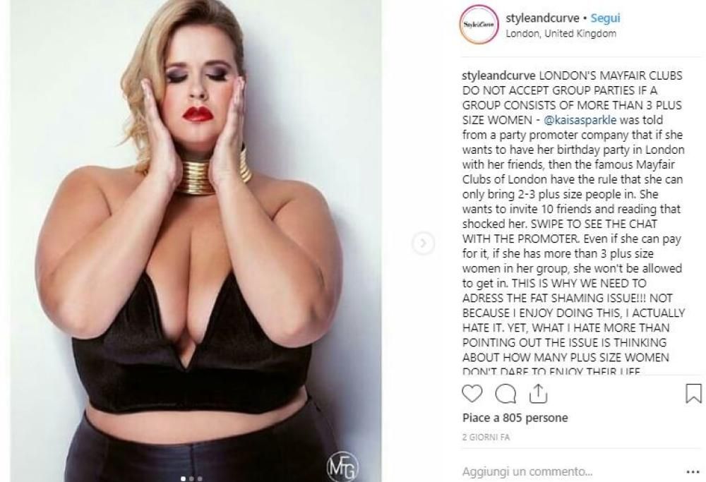 Modella curvy ‘respinta’ dal locale: «Hai troppe amiche grasse»