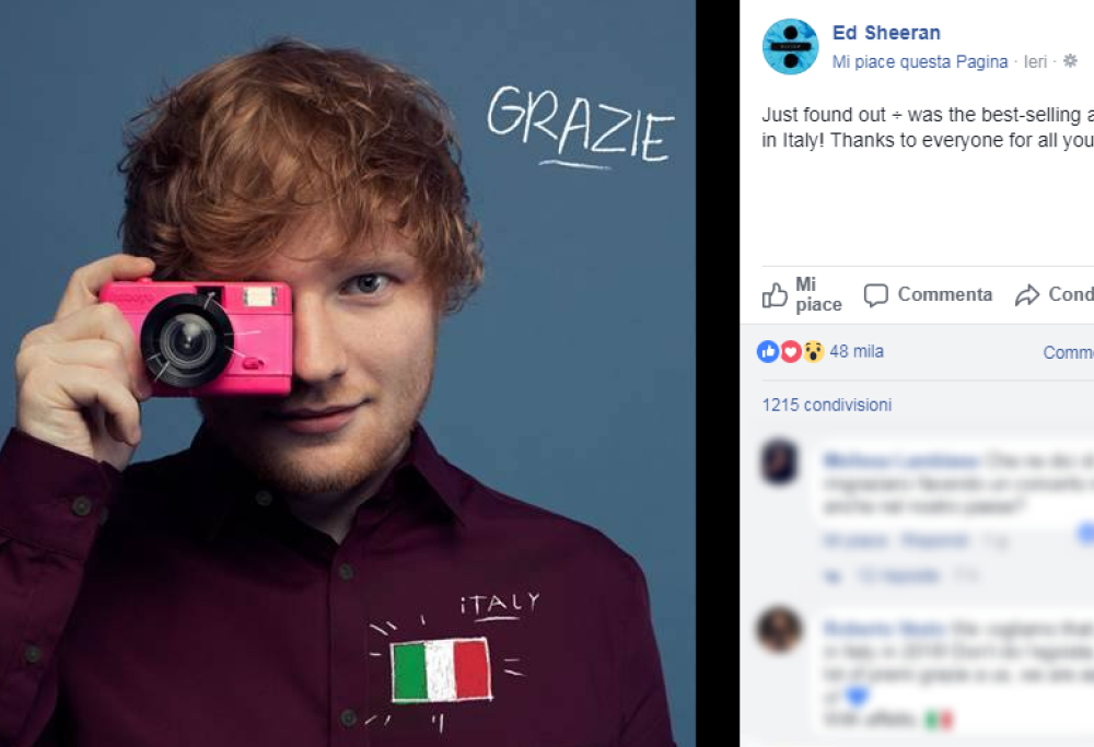 Ed Sheeran ringrazia i fan italiani per il successo di “Divide”