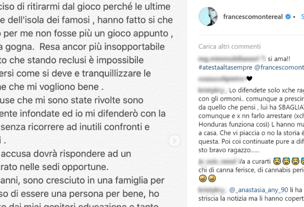 Francesco Monte non sarà in studio lunedì sera e lancia accuse sui social