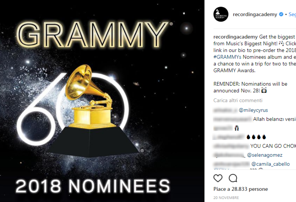 Grammy Awards 2018, l’elenco completo delle nomination