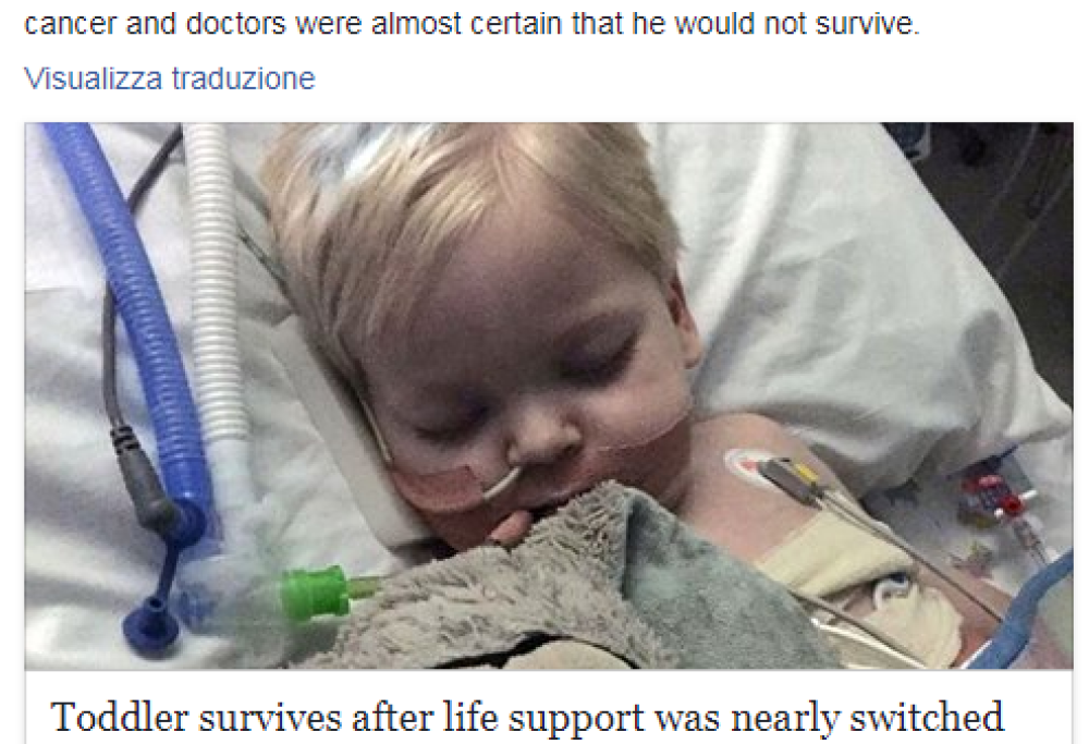 Stanno per staccargli la spina, il piccolo Dylan si sveglia dal coma