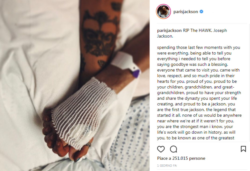 Il commovente saluto di Paris Jackson a suo nonno Joe